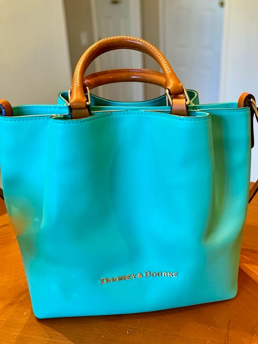 Dooney & Bourke City Barlow Teal Satchel with Tan Handles